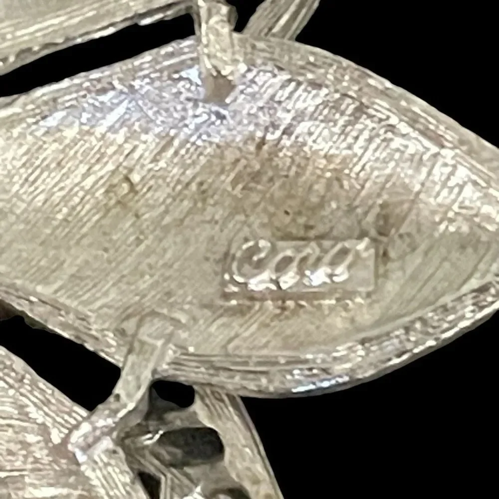 Signed Coro Vintage Double Stacked Silver Tone Leaf Brooch Pin Open Work Brushed